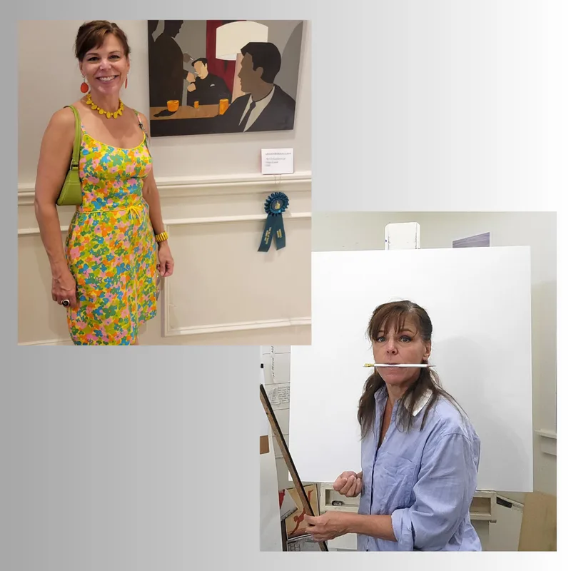 Two images of me as an artists- one at a glamorous opening, the other all scruffy in my art studio. A link to a blog entry about the dual nature of being an artist. 